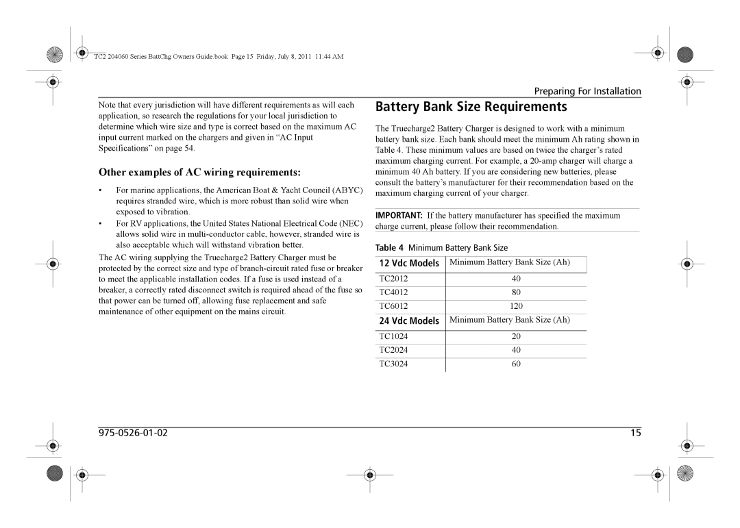 Xantrex Technology TC2 204060 manual Battery Bank Size Requirements, Other examples of AC wiring requirements 