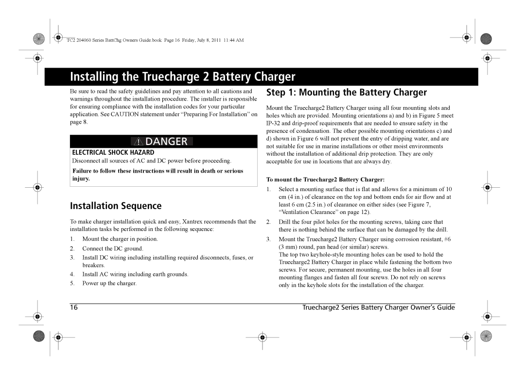 Xantrex Technology TC2 204060 manual Installing the Truecharge 2 Battery Charger, Installation Sequence 