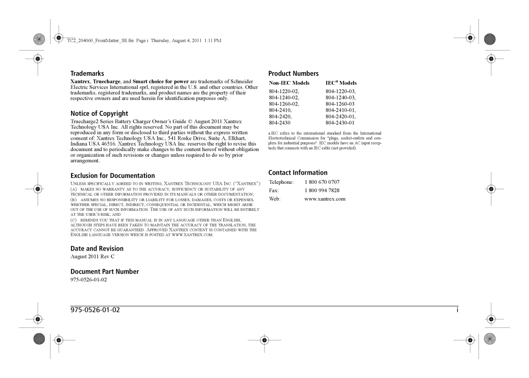 Xantrex Technology TC2 204060 manual Trademarks, Product Numbers, Exclusion for Documentation, Date and Revision 