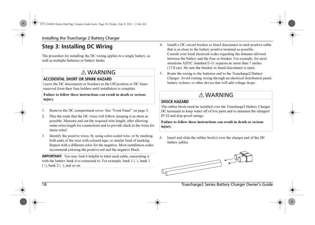 Xantrex Technology TC2 204060 manual Installing DC Wiring, Accidental Short or Spark Hazard, Shock Hazard 