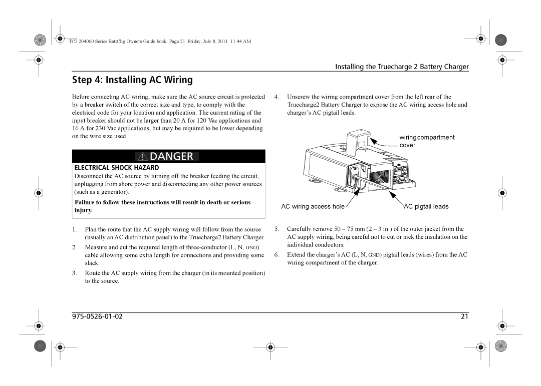 Xantrex Technology TC2 204060 manual Installing AC Wiring, AC wiring access hole 