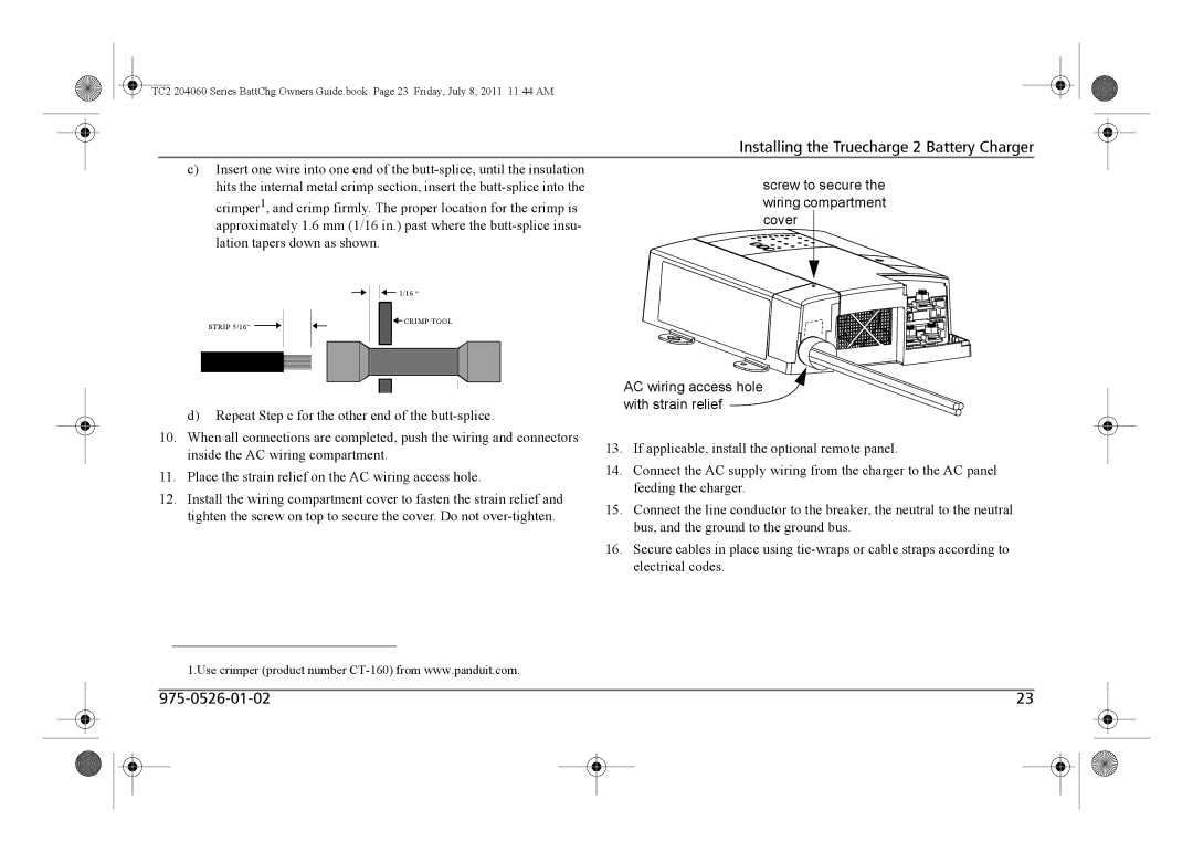 Xantrex Technology TC2 204060 manual Screw to secure the wiring compartment cover 