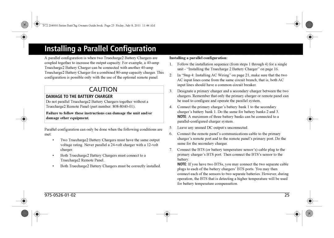 Xantrex Technology TC2 204060 manual Installing a Parallel Configuration, Damage to the Battery Charger 