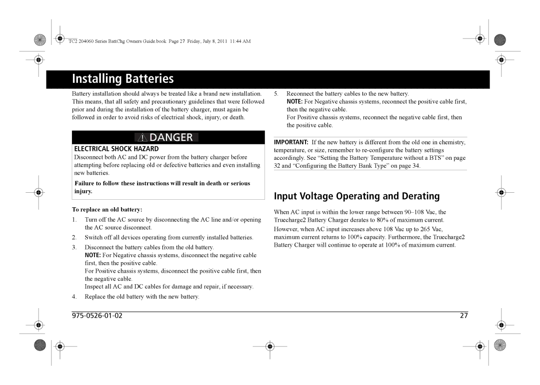 Xantrex Technology TC2 204060 manual Installing Batteries, Input Voltage Operating and Derating 