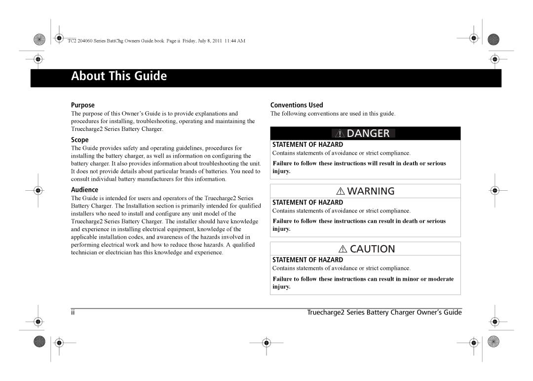 Xantrex Technology TC2 204060 manual About This Guide, Statement of Hazard 