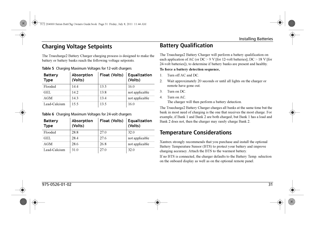 Xantrex Technology TC2 204060 manual Charging Voltage Setpoints, Battery Qualification, Temperature Considerations 