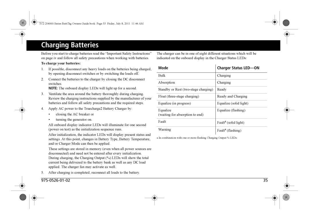 Xantrex Technology TC2 204060 manual Charging Batteries, Mode Charger Status LED-ON, To charge your batteries 