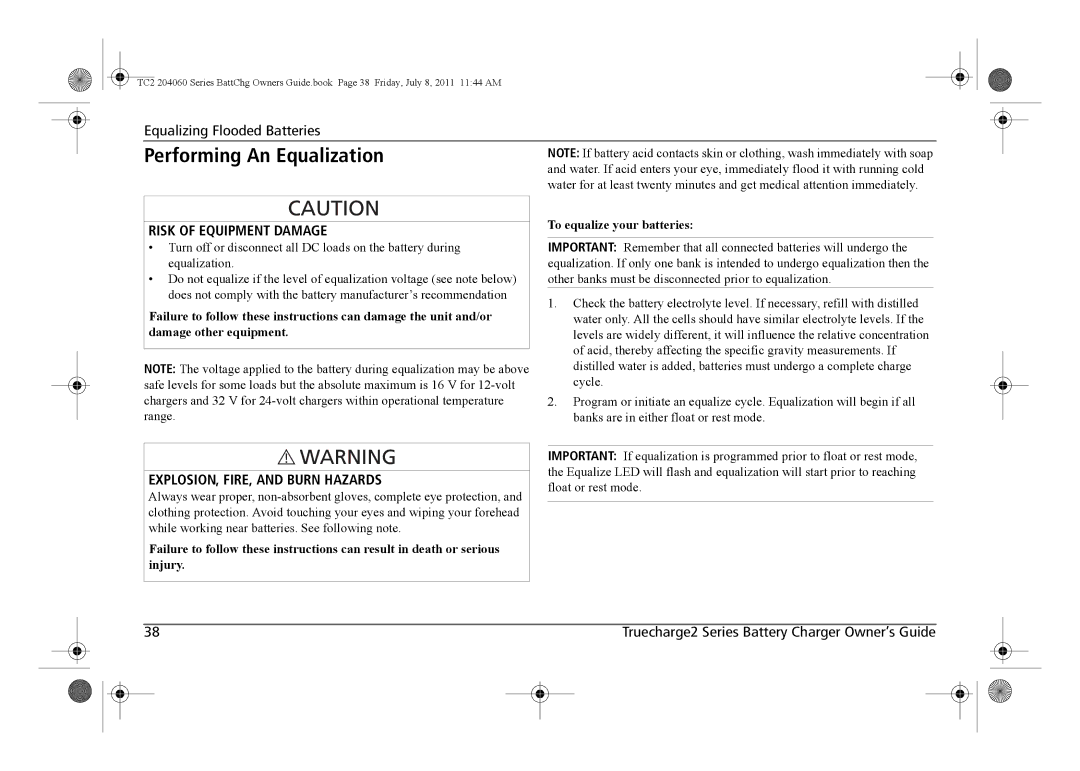 Xantrex Technology TC2 204060 Performing An Equalization, Risk of Equipment Damage, EXPLOSION, FIRE, and Burn Hazards 