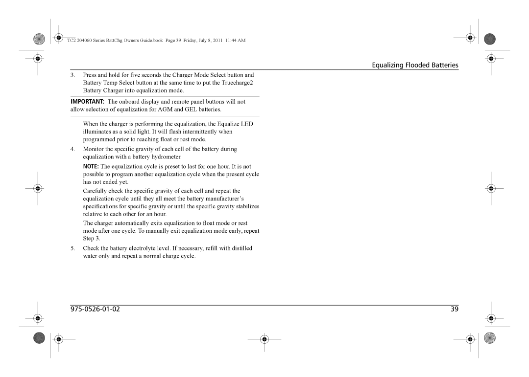 Xantrex Technology TC2 204060 manual Equalizing Flooded Batteries 