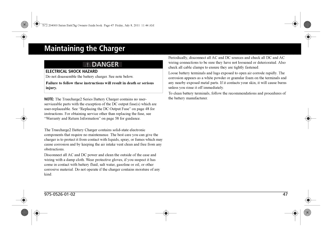 Xantrex Technology TC2 204060 manual Maintaining the Charger, Electrical Shock Hazard 