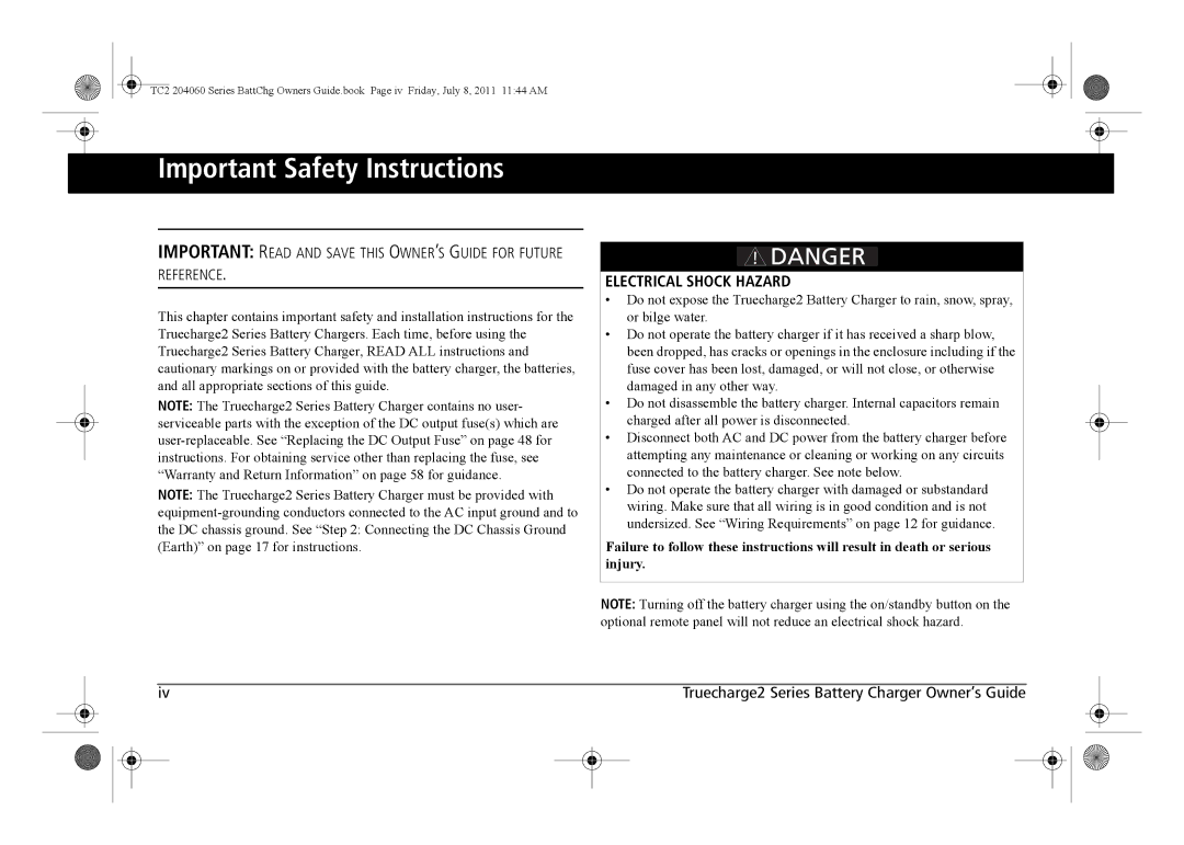 Xantrex Technology TC2 204060 manual Important Safety Instructions, Electrical Shock Hazard 