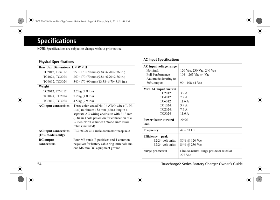 Xantrex Technology TC2 204060 manual Physical Specifications AC Input Specifications 