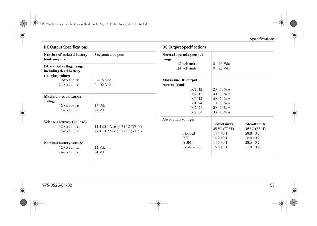 Xantrex Technology TC2 204060 manual DC Output Specifications 