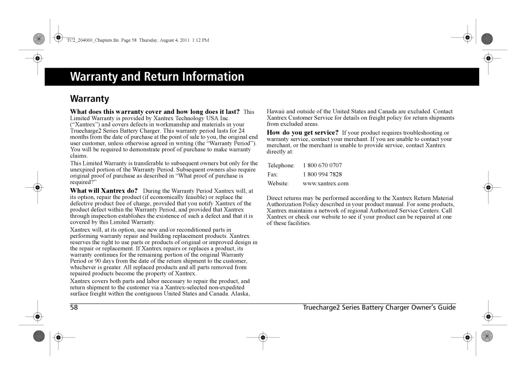 Xantrex Technology TC2 204060 manual Warranty and Return Information 