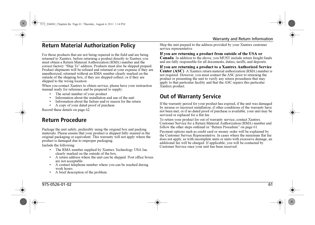 Xantrex Technology TC2 204060 manual Return Material Authorization Policy, Return Procedure, Out of Warranty Service 