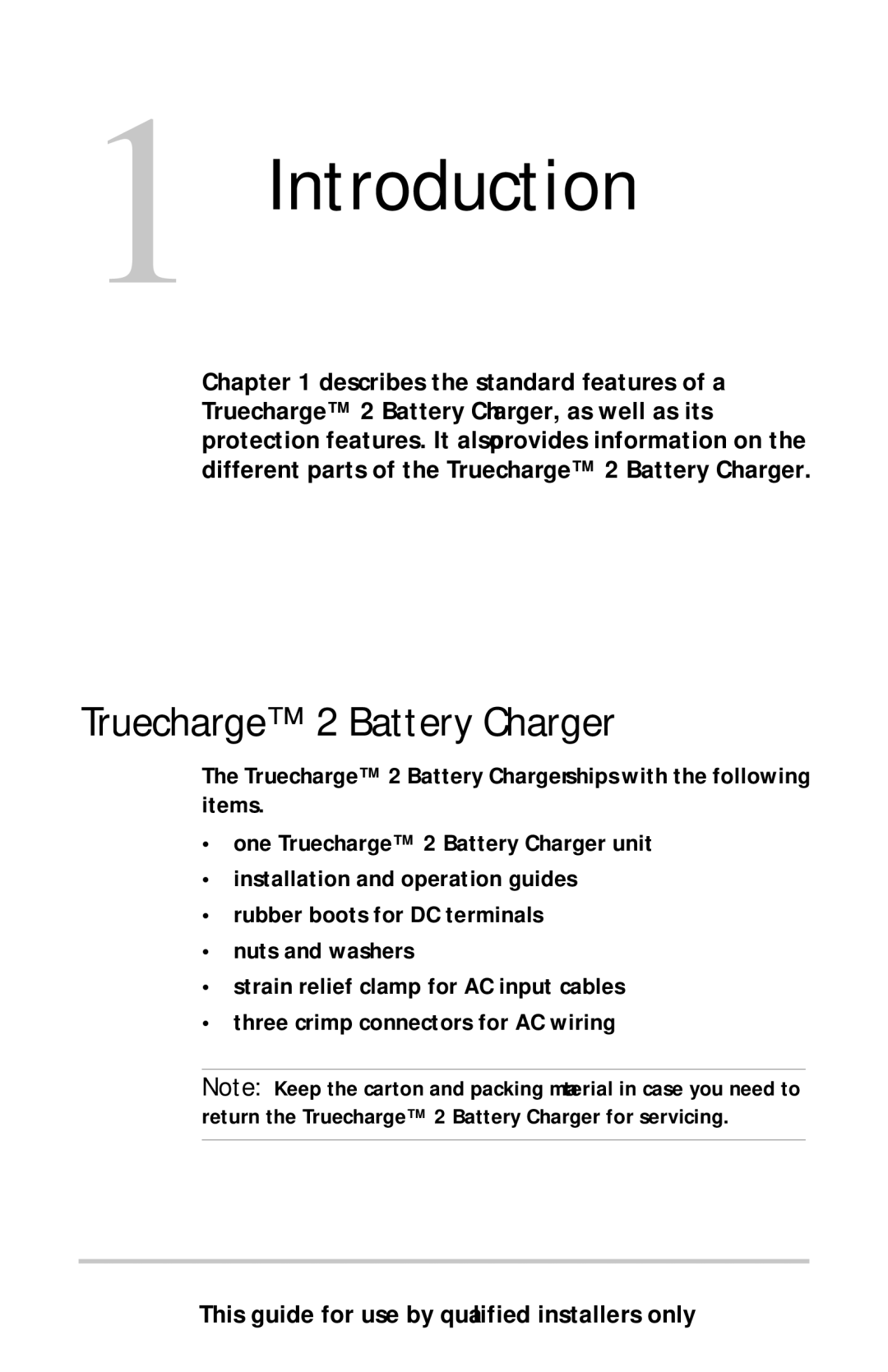 Xantrex Technology 15A24V, TC2012, TC1524, TC1512, TC5024, TC2024, TC6012, TC4012 1Introduction, Truecharge 2 Battery Charger 