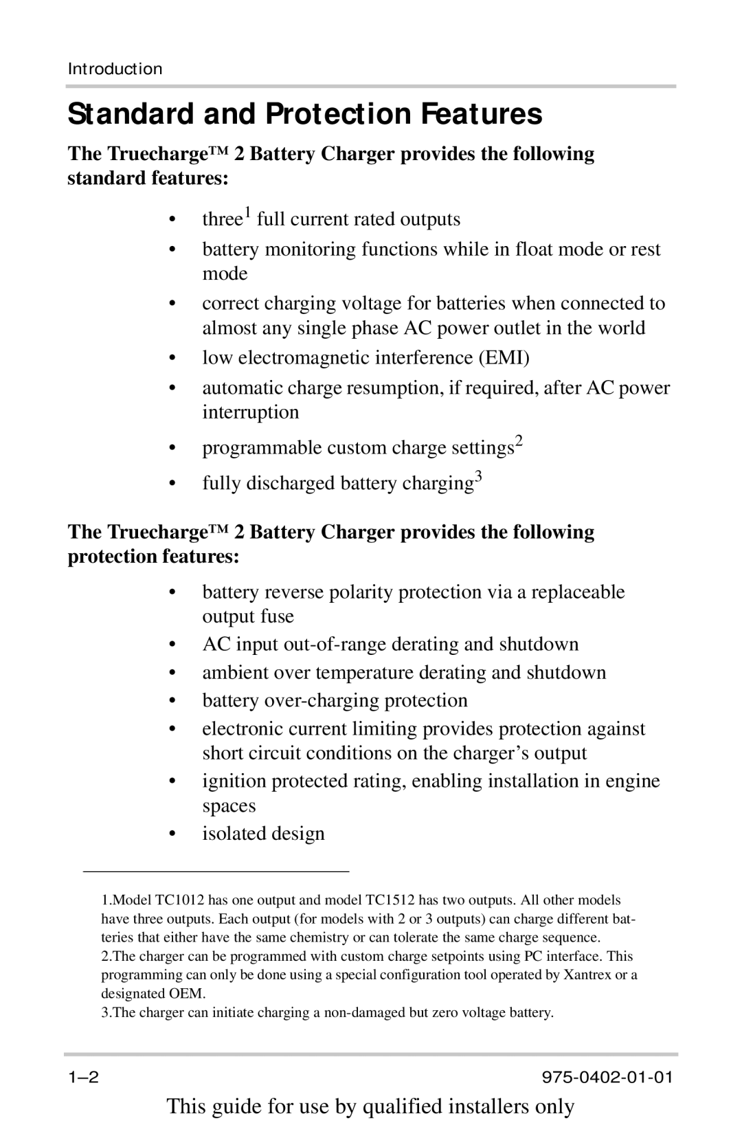 Xantrex Technology 40A12V, TC2012, TC1524, TC1512, TC5024, TC2024, TC6012, TC4012, TC5012, TC1012 Standard and Protection Features 