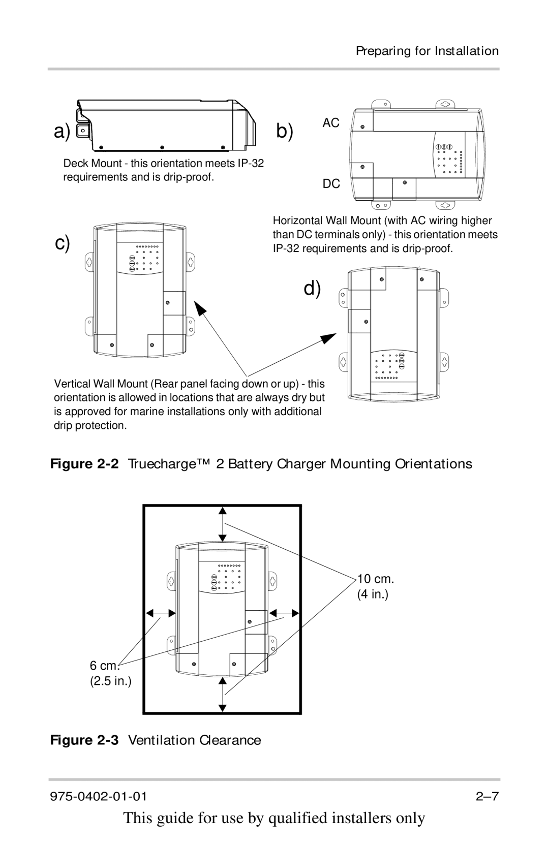 Xantrex Technology TC3024, TC2012, TC1524, TC1512, TC5024, TC2024, TC6012 2Truecharge 2 Battery Charger Mounting Orientations 