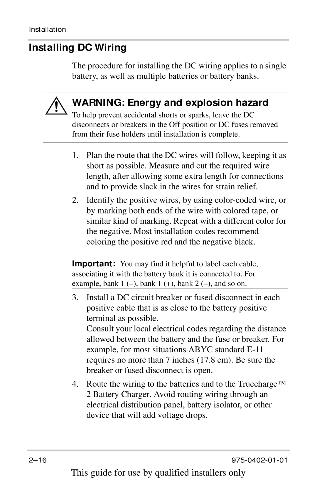 Xantrex Technology 40A12V, TC2012, TC1524, TC1512, TC5024, TC2024, TC6012, TC4012, TC5012, TC1012, TC3024 manual Installing DC Wiring 