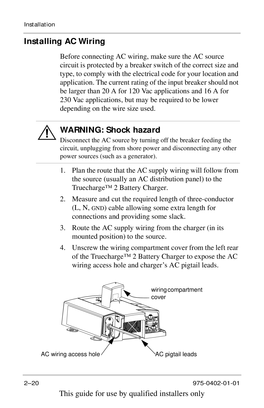 Xantrex Technology TC2012, TC1524, TC1512, TC5024, TC2024, TC6012, TC4012, TC5012, TC1012, TC3024, TC3012 manual Installing AC Wiring 