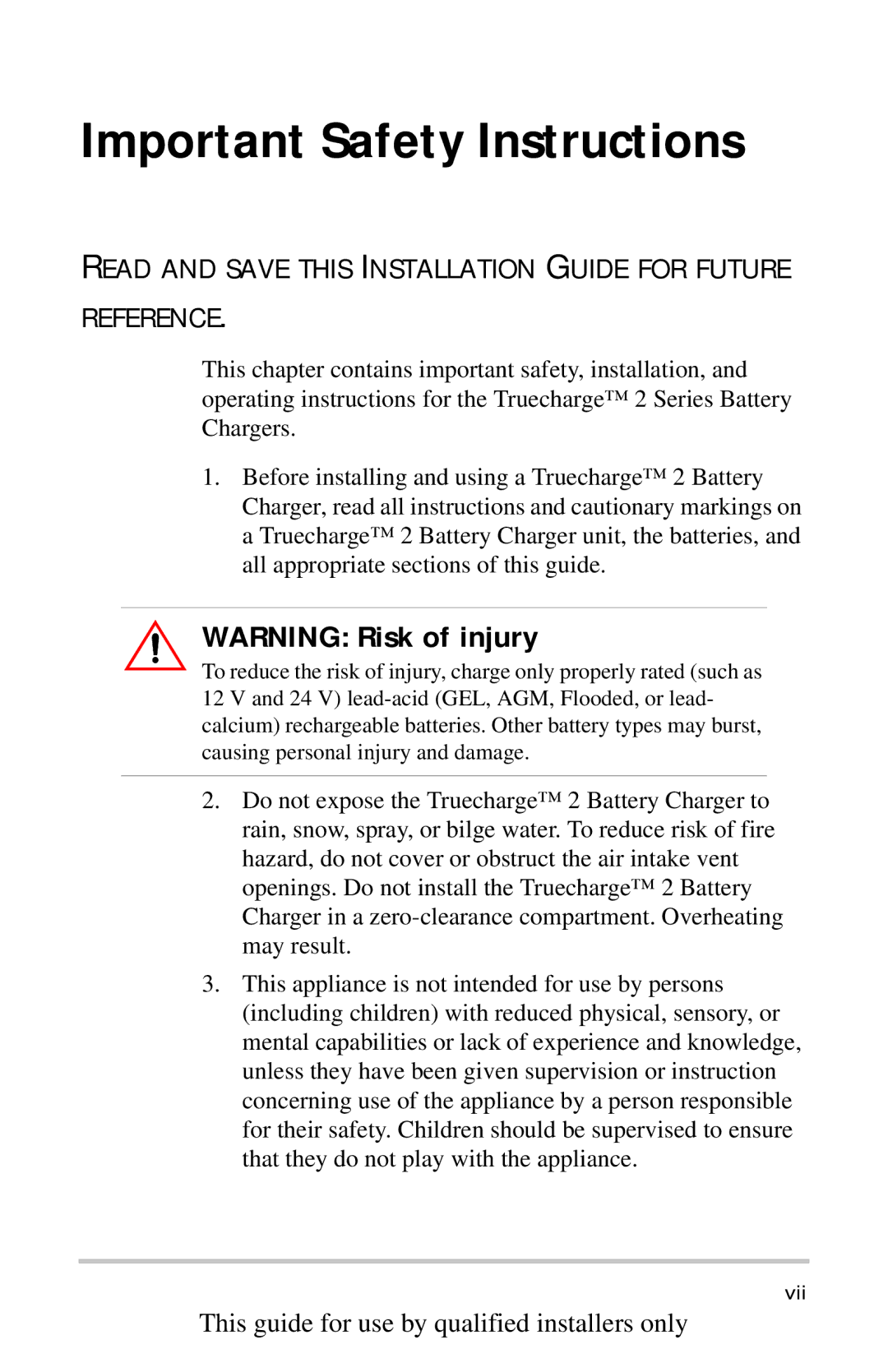 Xantrex Technology TC3024, TC2012, TC1524, TC1512, TC5024, TC2024, TC6012, TC4012, TC5012, TC1012 Important Safety Instructions 