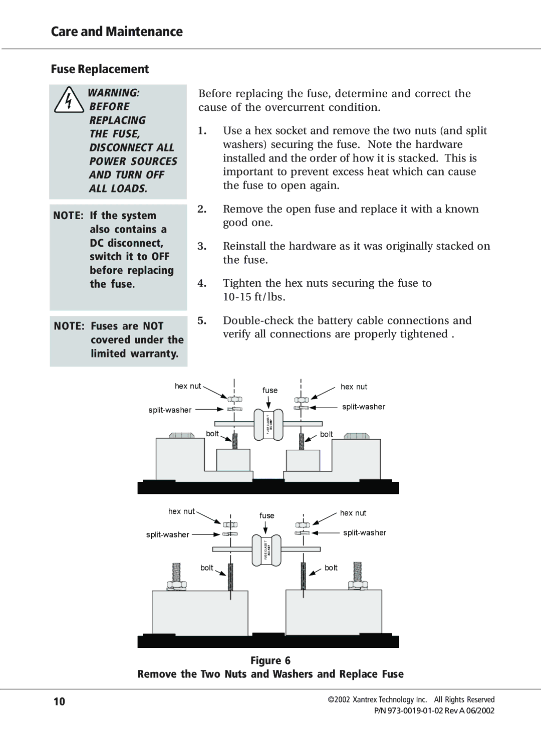 Xantrex Technology TFB400C, TFB350C, TFB300C, TFB200C, TFB110C manual Care and Maintenance, Fuse Replacement 