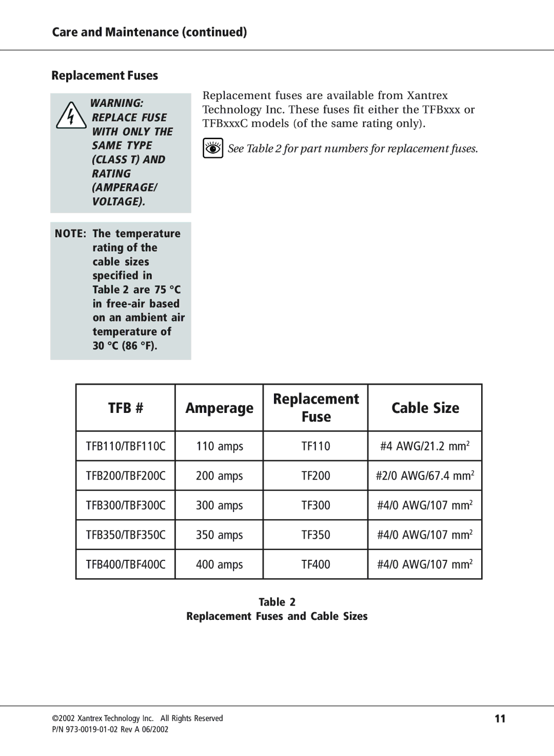 Xantrex Technology TFB350C, TFB400C, TFB300C, TFB200C, TFB110C manual Care and Maintenance Replacement Fuses 