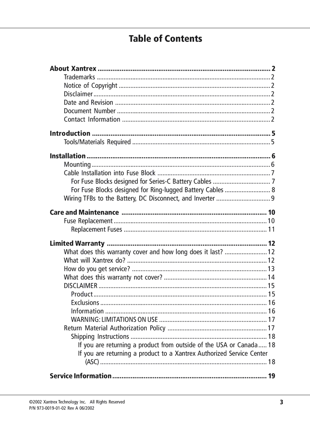 Xantrex Technology TFB400C, TFB350C, TFB300C, TFB200C, TFB110C manual Table of Contents 