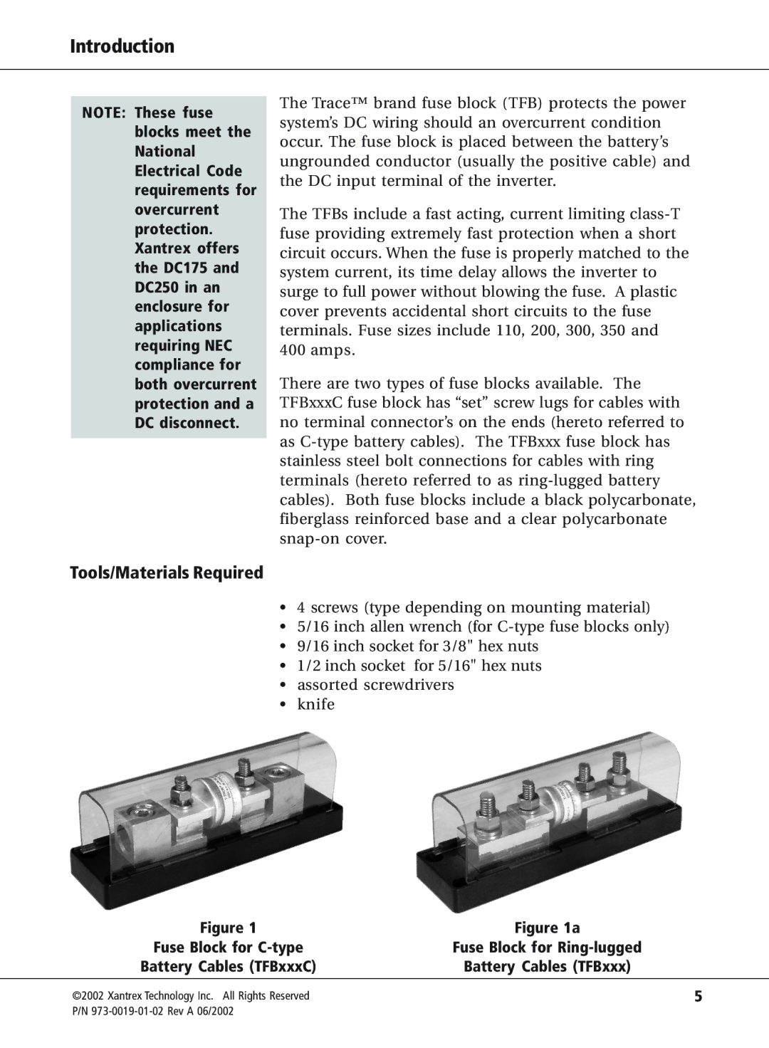 Xantrex Technology TFB200C, TFB400C, TFB350C, TFB300C, TFB110C manual Introduction, Tools/Materials Required 