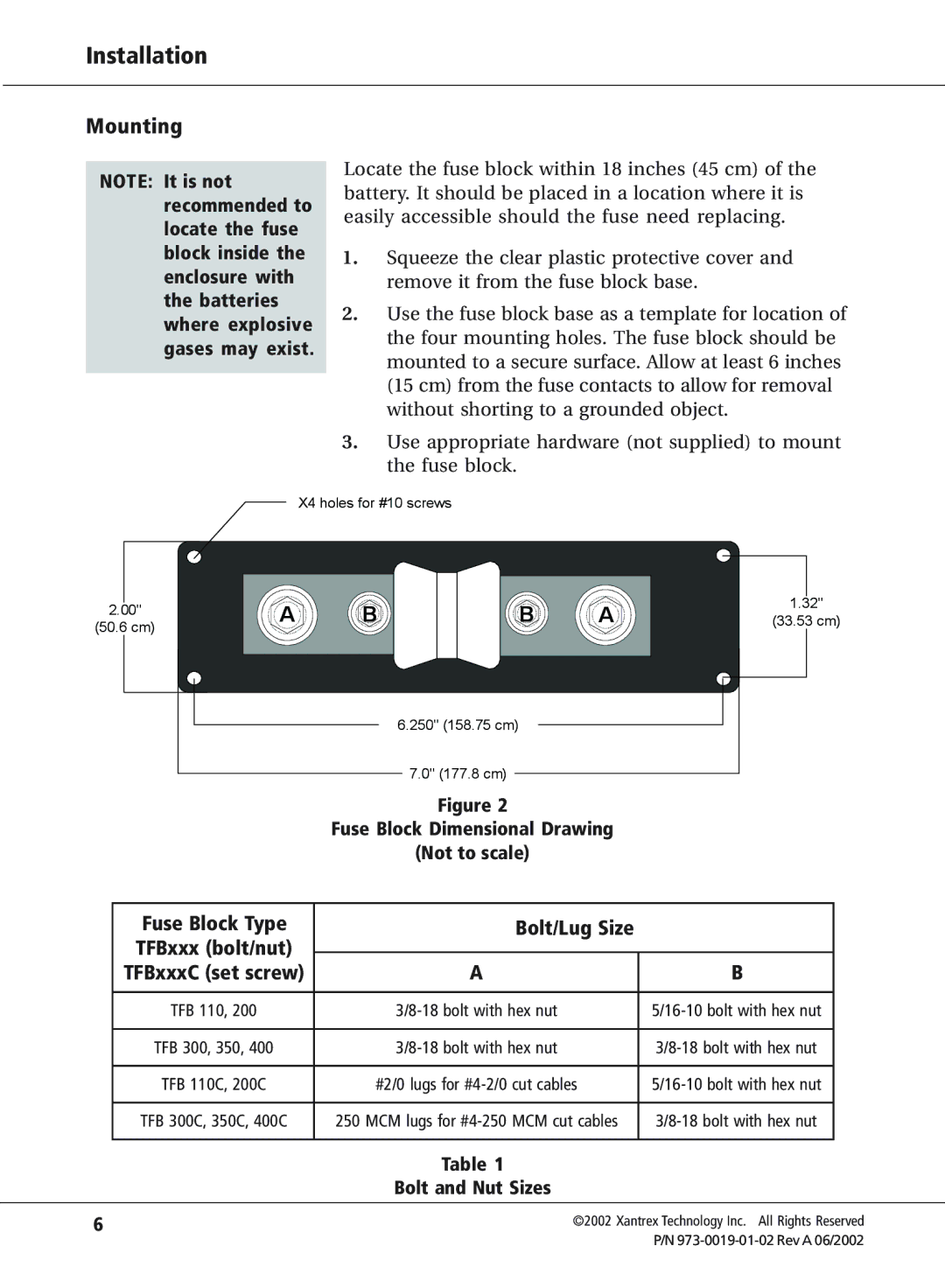 Xantrex Technology TFB110C, TFB400C, TFB350C, TFB300C, TFB200C manual Installation, Mounting 