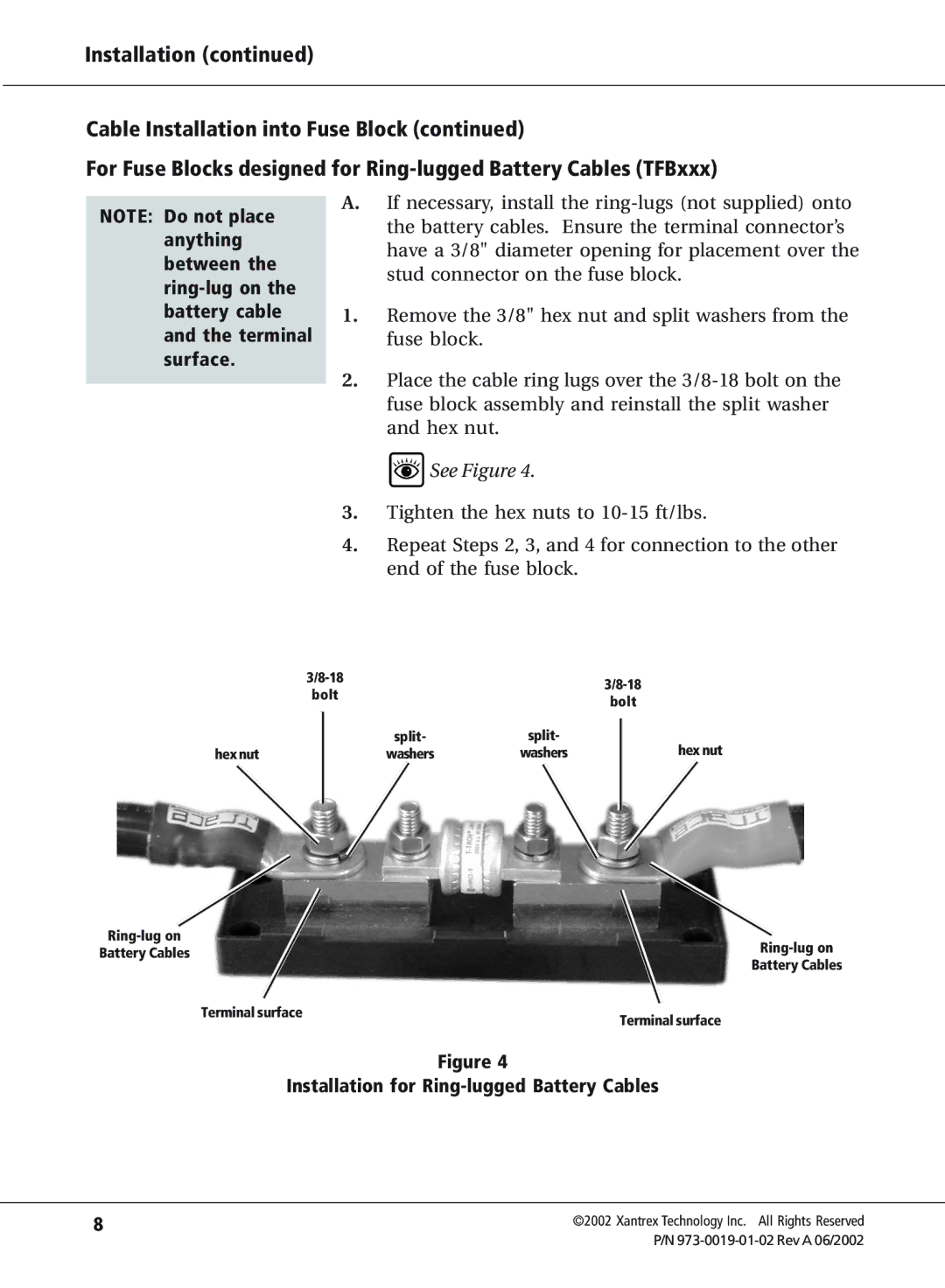 Xantrex Technology TFB400C, TFB350C, TFB300C, TFB200C, TFB110C manual Installation for Ring-lugged Battery Cables 