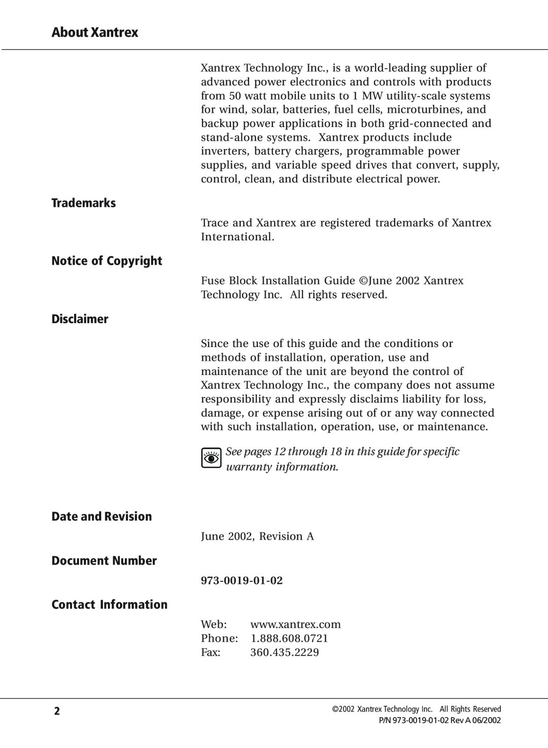 Xantrex Technology TFB400 About Xantrex, Trademarks, Notice of Copyright, Disclaimer, Date and Revision, Document Number 
