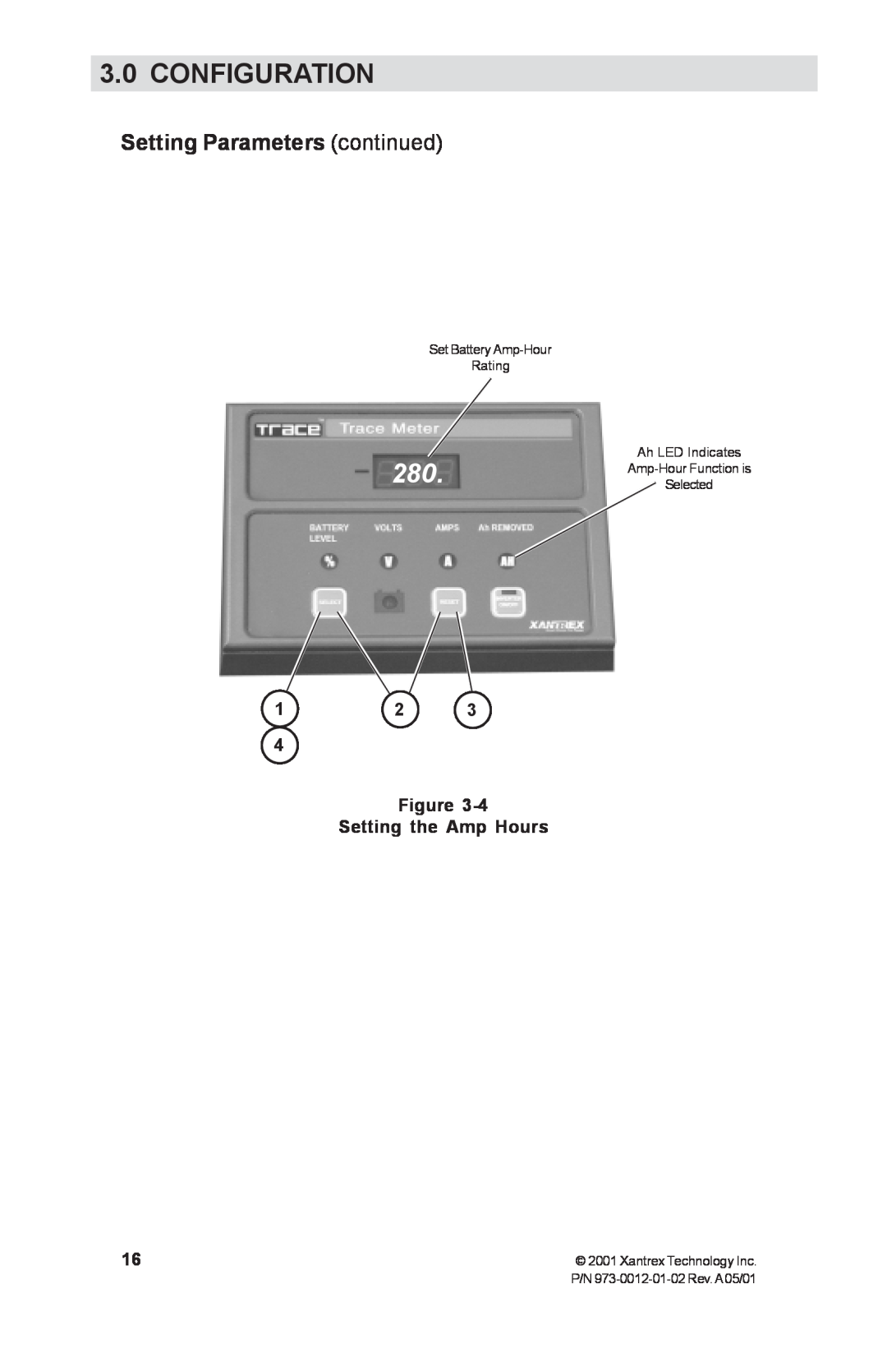 Xantrex Technology TM500A manual Setting Parameters continued, Setting the Amp Hours, Configuration, Xantrex Technology Inc 
