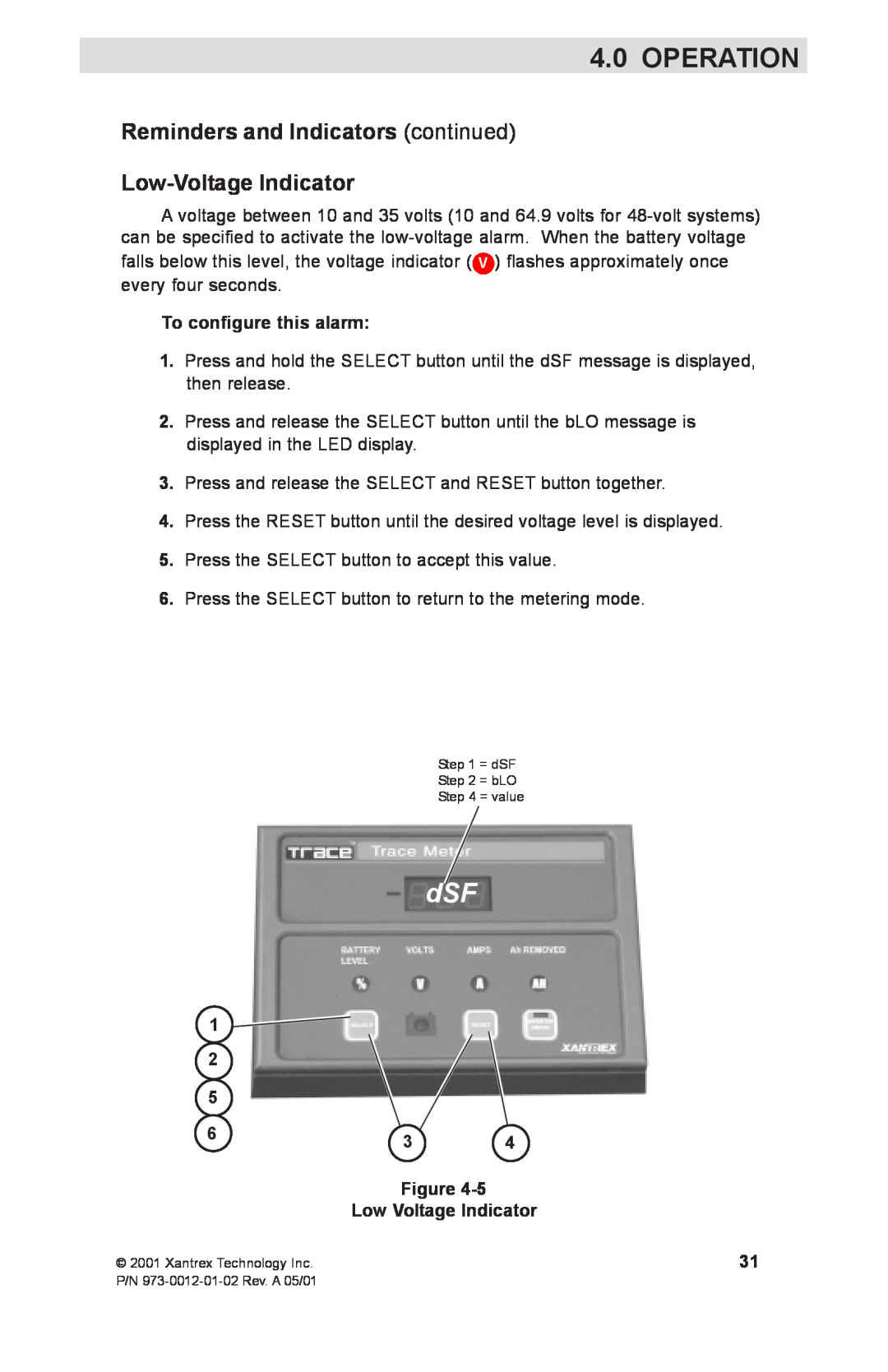 Xantrex Technology TM500A Reminders and Indicators continued Low-Voltage Indicator, To configure this alarm, Operation 