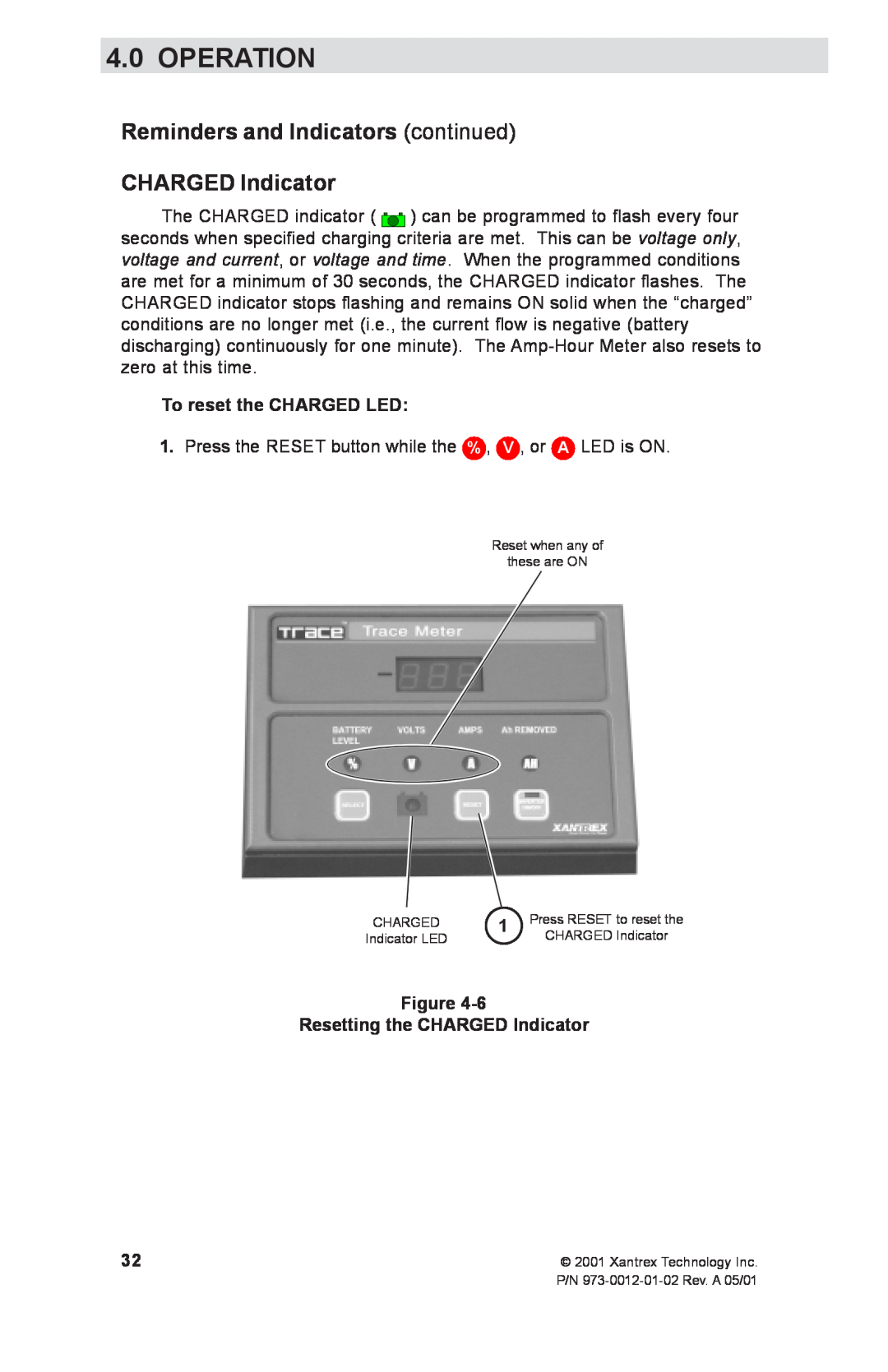 Xantrex Technology TM500A manual Reminders and Indicators continued CHARGED Indicator, To reset the CHARGED LED, Operation 