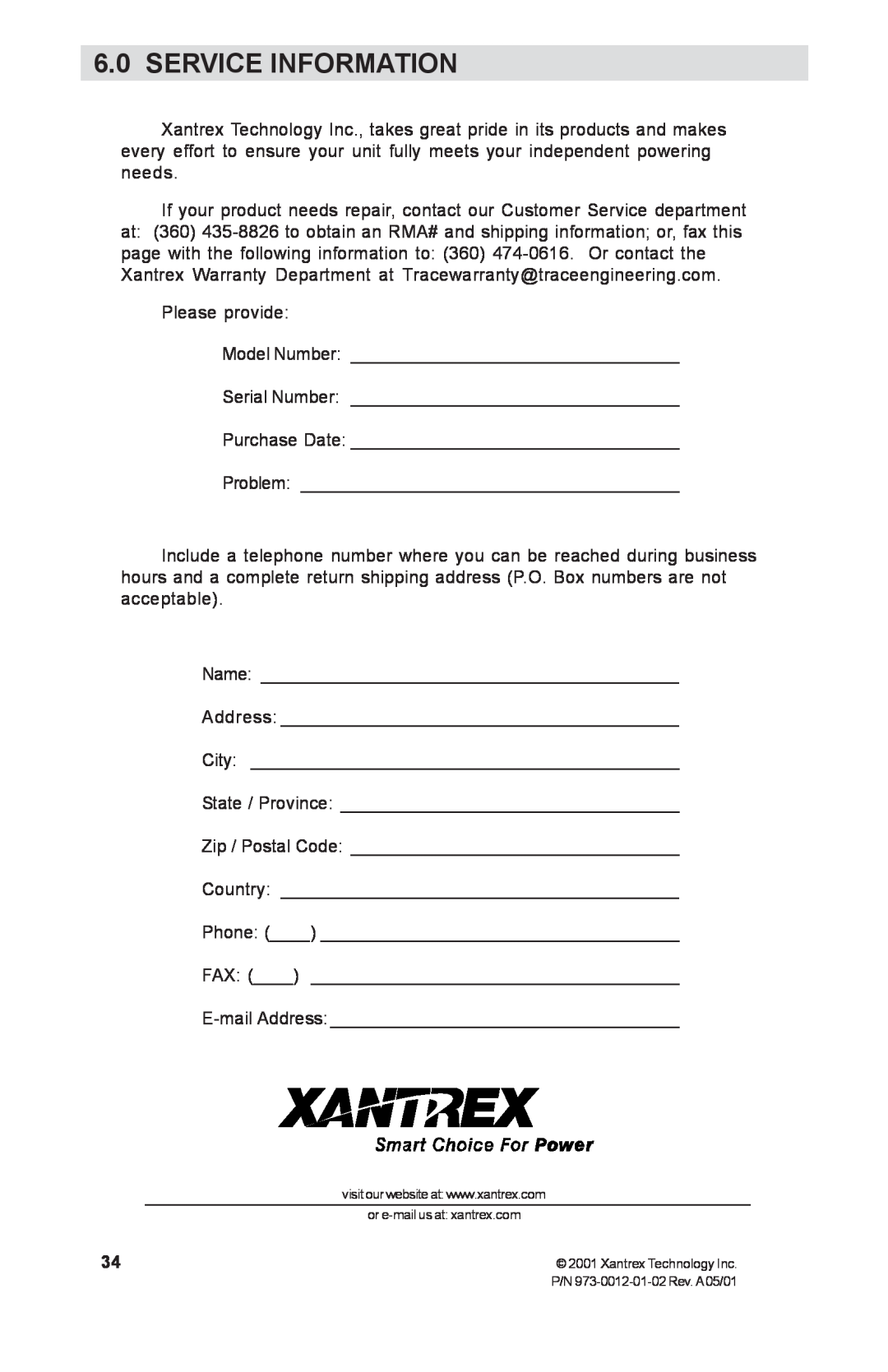 Xantrex Technology TM500A manual Service Information 