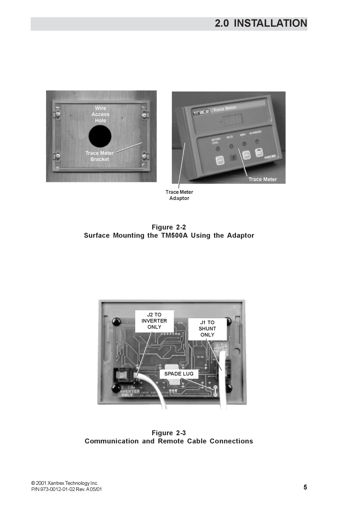 Xantrex Technology manual Surface Mounting the TM500A Using the Adaptor, Communication and Remote Cable Connections 