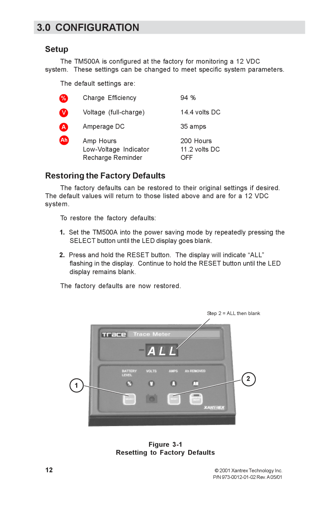 Xantrex Technology TM500A manual Configuration, Setup, Restoring the Factory Defaults, Resetting to Factory Defaults 