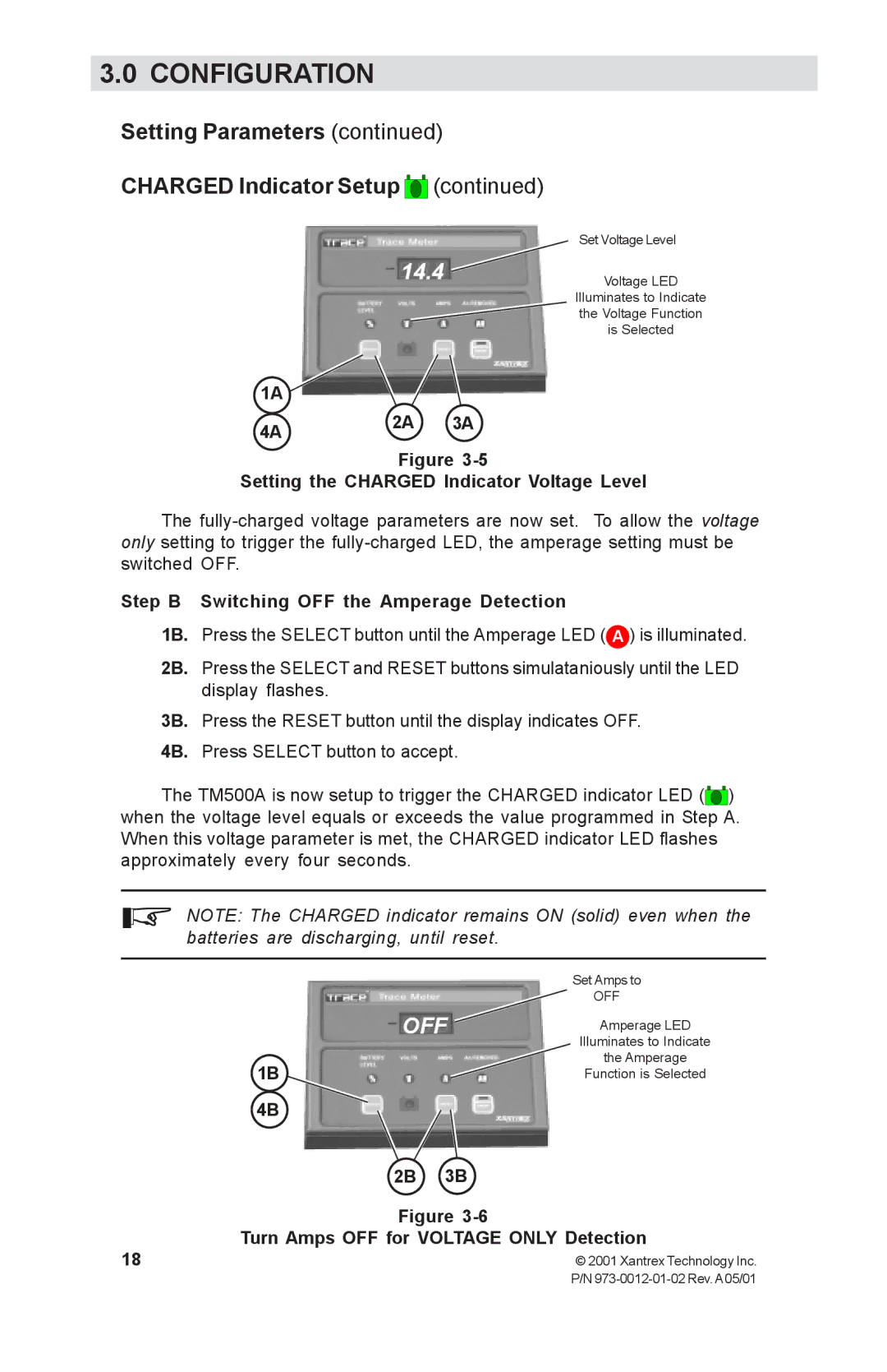 Xantrex Technology TM500A manual Setting the Charged Indicator Voltage Level, Step B Switching OFF the Amperage Detection 