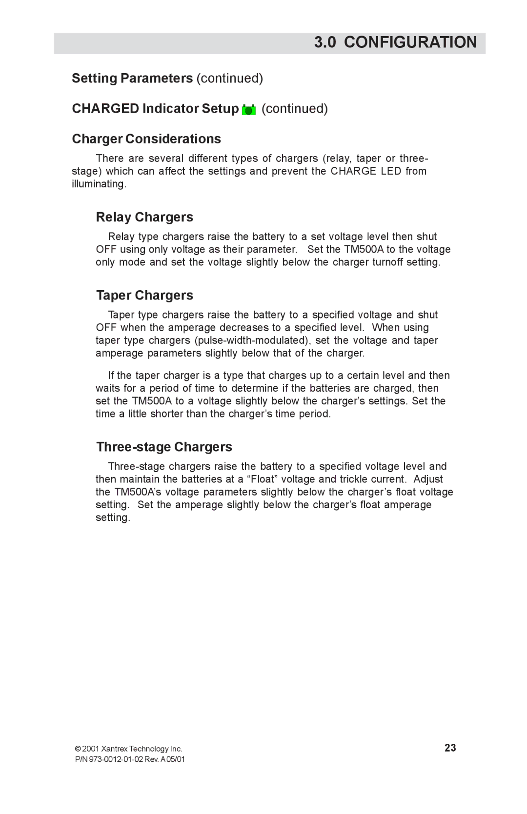 Xantrex Technology TM500A manual Relay Chargers, Taper Chargers, Three-stage Chargers 