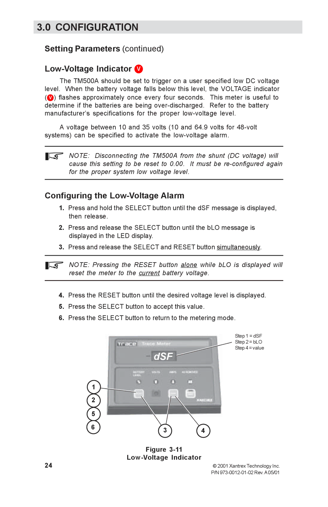 Xantrex Technology TM500A manual Setting Parameters Low-Voltage Indicator, Configuring the Low-Voltage Alarm 