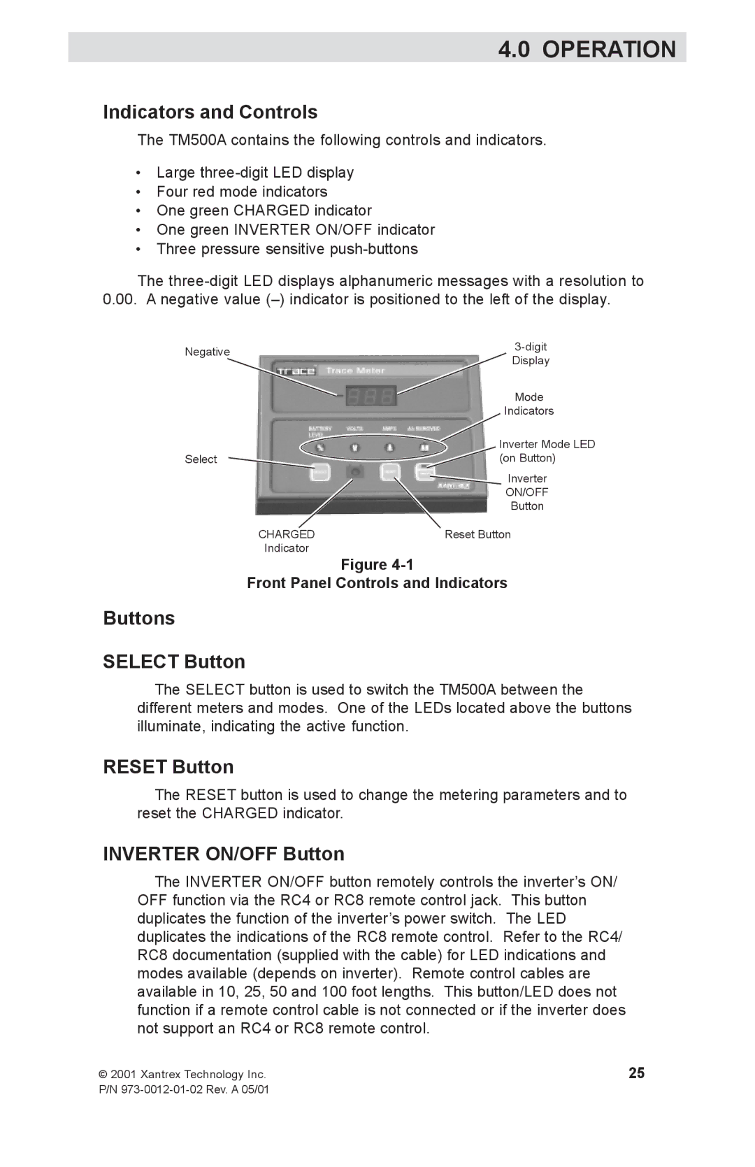 Xantrex Technology TM500A Operation, Indicators and Controls, Buttons Select Button, Reset Button, Inverter ON/OFF Button 