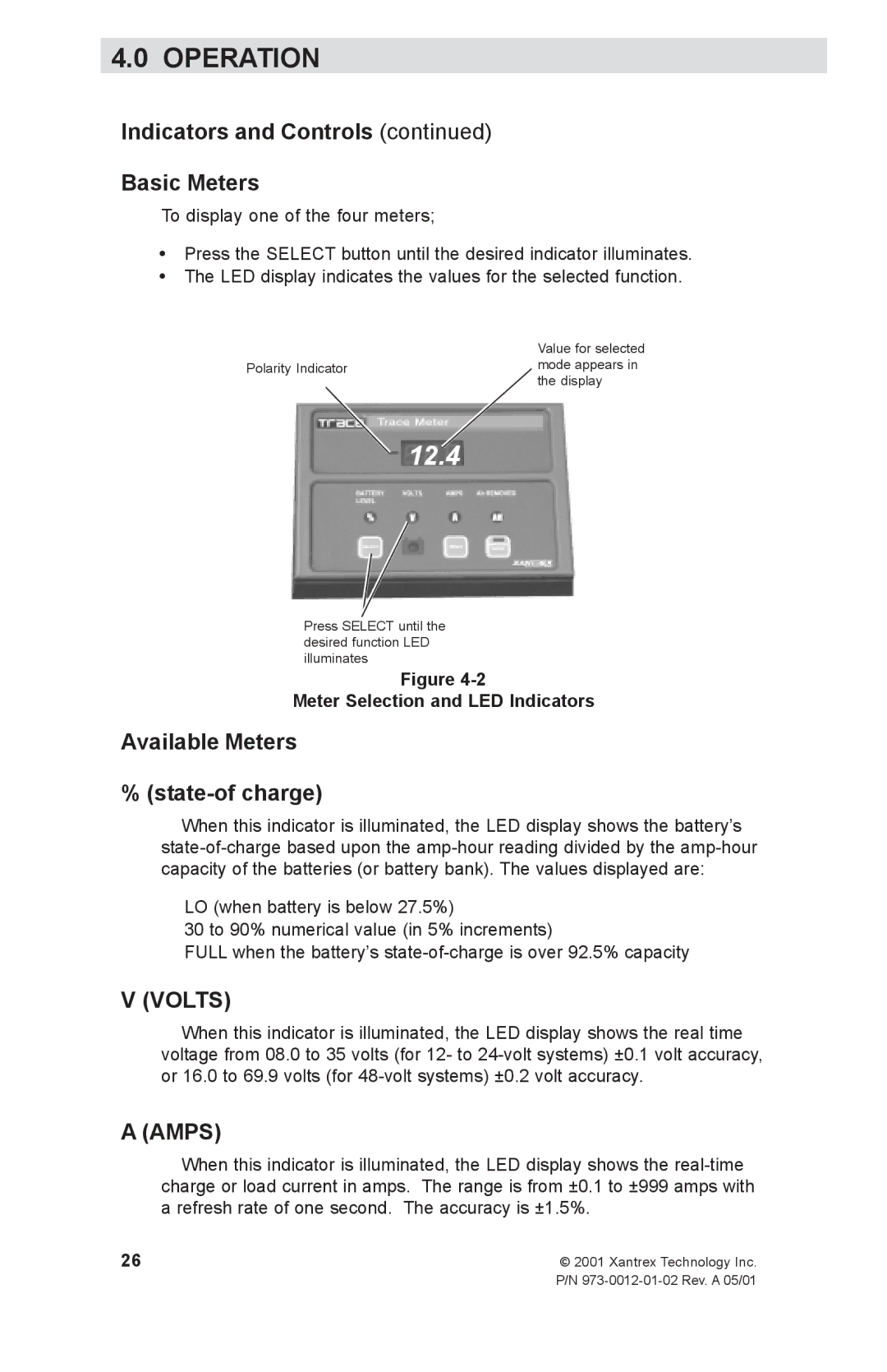 Xantrex Technology TM500A manual Indicators and Controls Basic Meters, Available Meters % state-of charge 