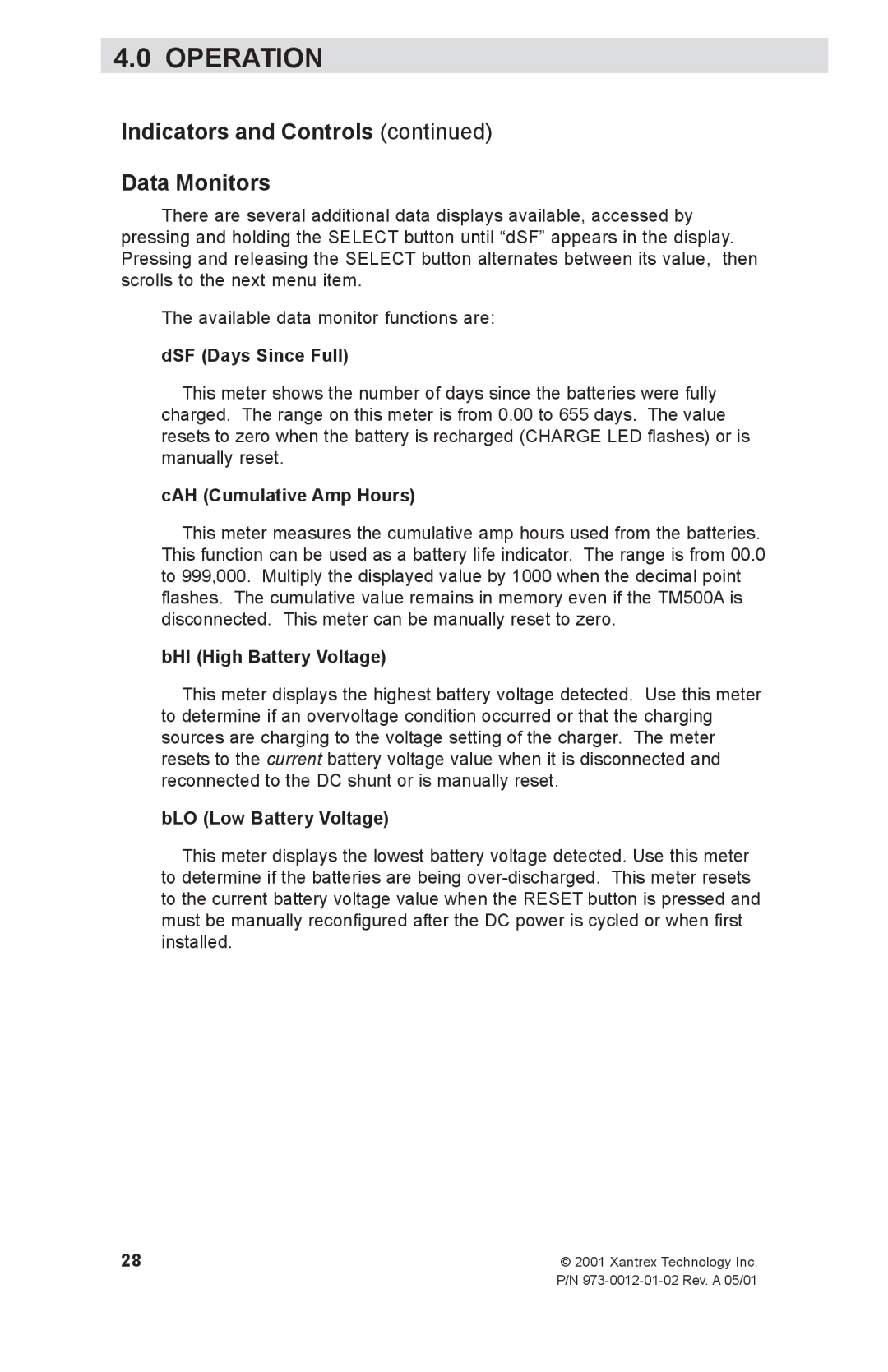 Xantrex Technology TM500A manual Indicators and Controls Data Monitors, DSF Days Since Full, CAH Cumulative Amp Hours 