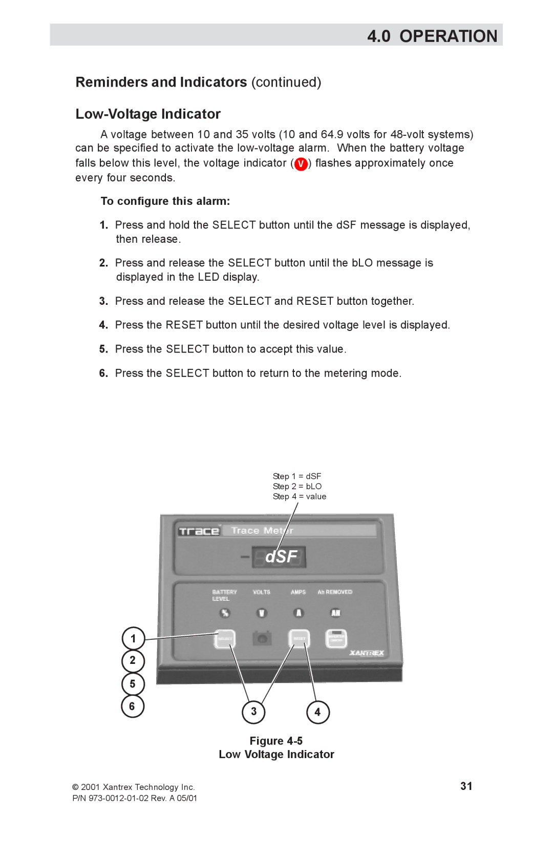 Xantrex Technology TM500A manual Reminders and Indicators Low-Voltage Indicator, To configure this alarm 