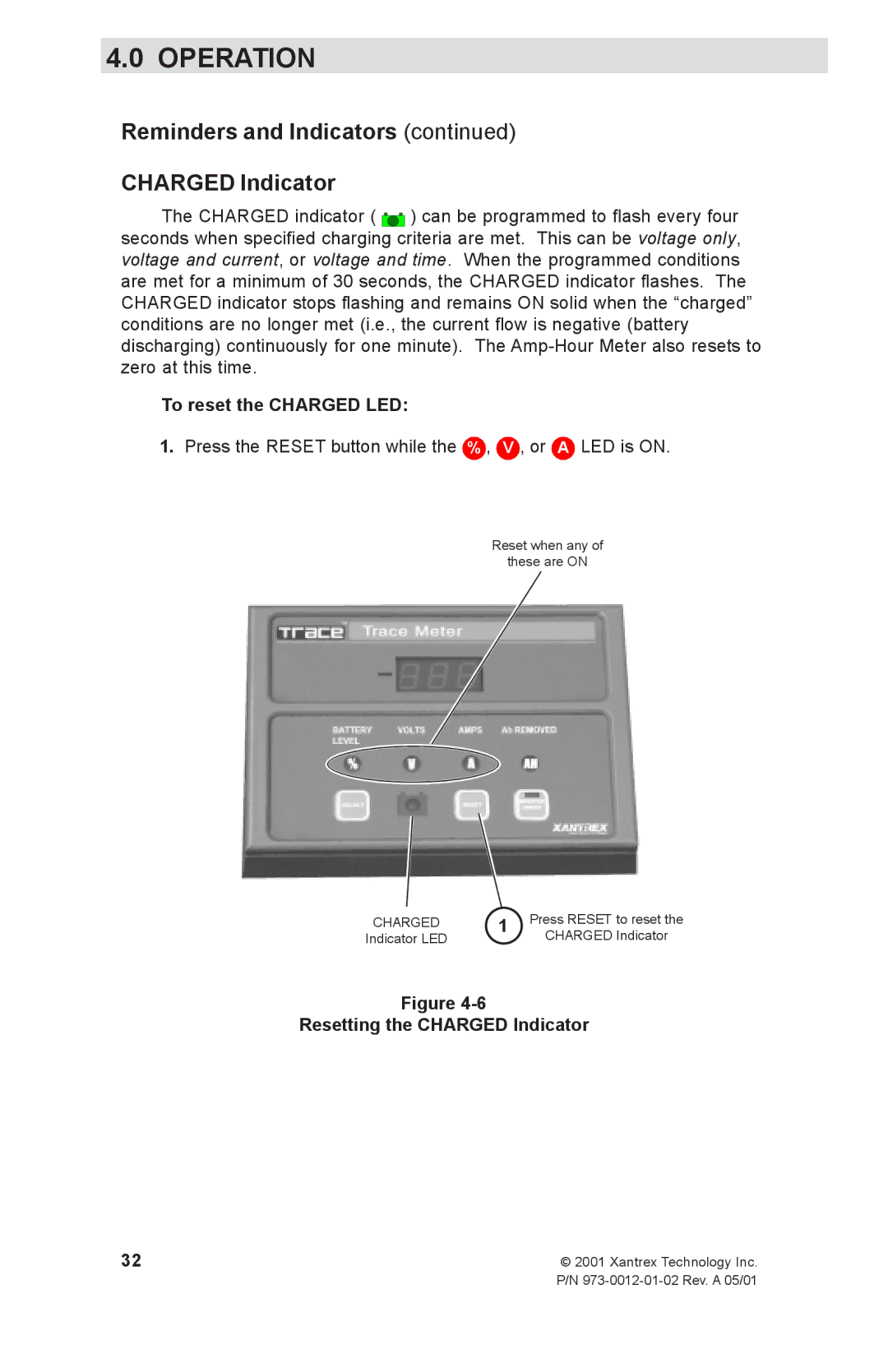 Xantrex Technology TM500A manual Reminders and Indicators Charged Indicator, To reset the Charged LED 