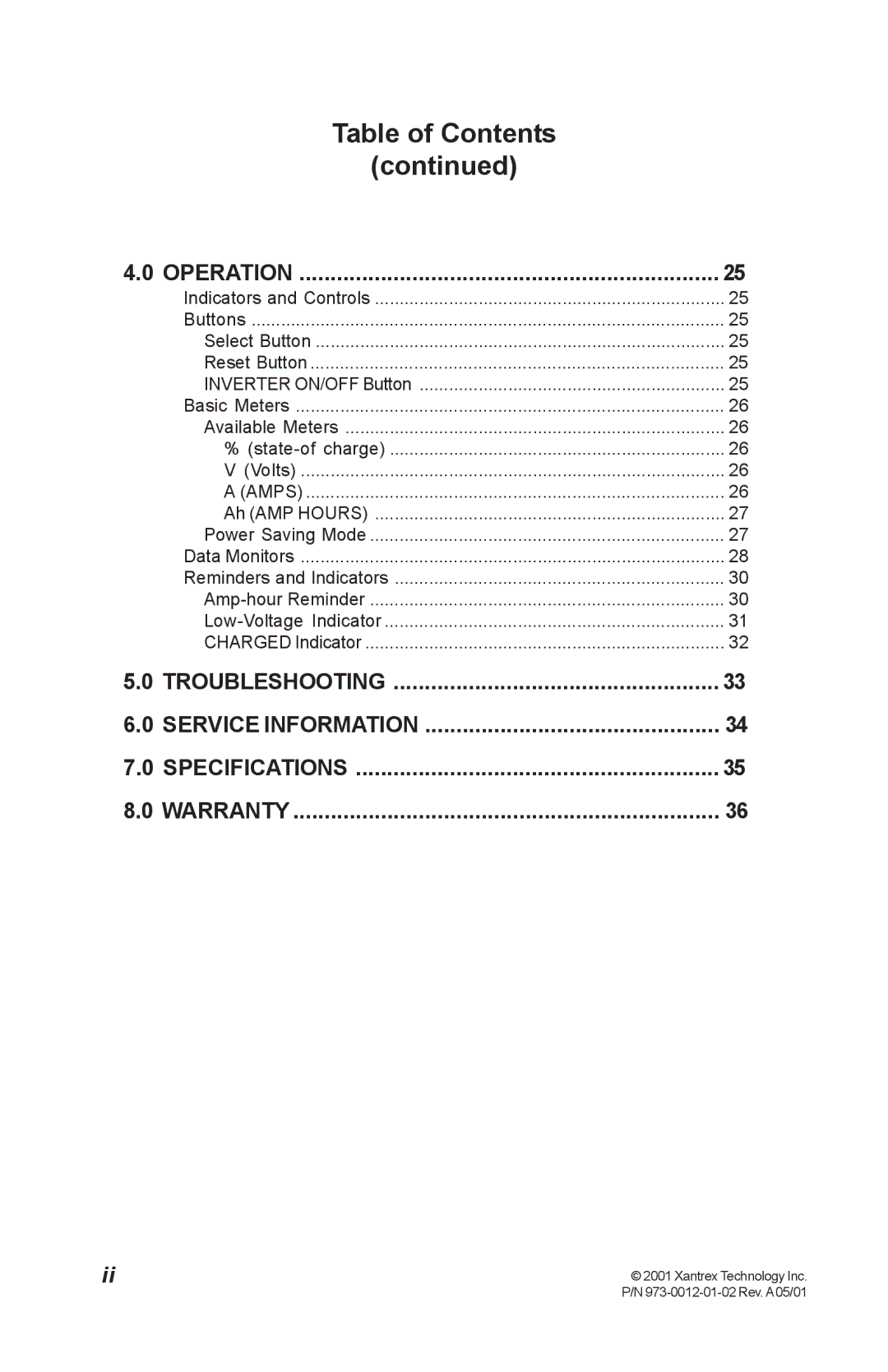 Xantrex Technology TM500A manual Table of Contents 