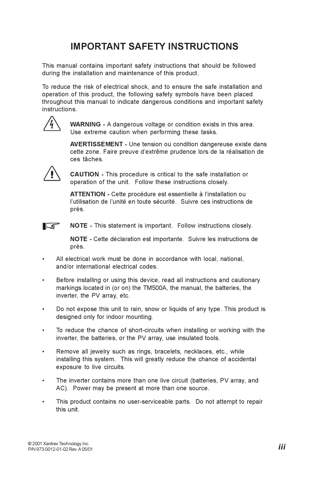 Xantrex Technology TM500A manual Important Safety Instructions 