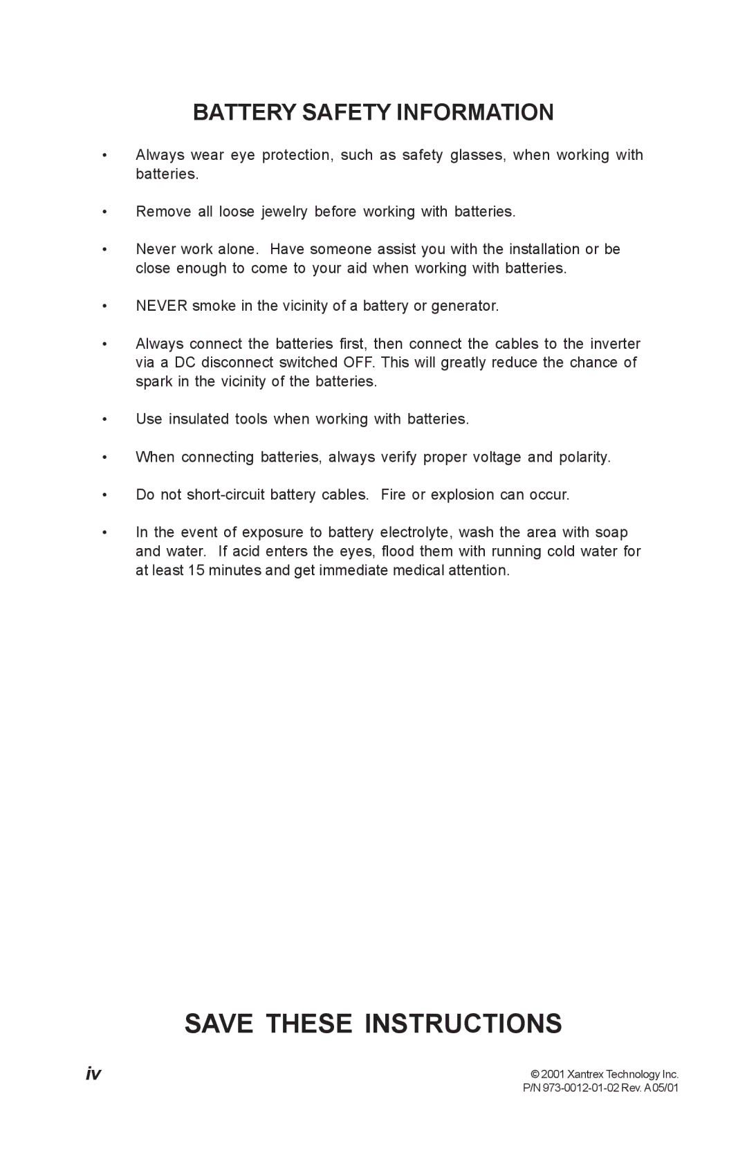 Xantrex Technology TM500A manual Battery Safety Information 