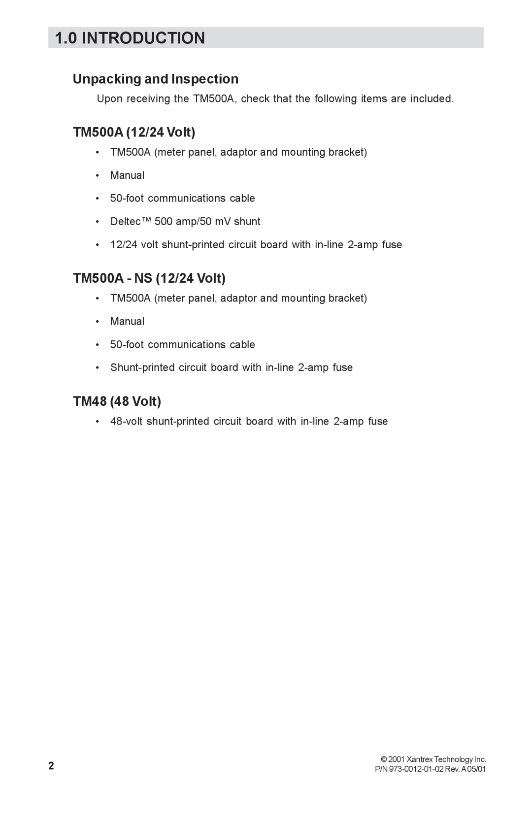 Xantrex Technology manual Unpacking and Inspection, TM500A 12/24 Volt, TM500A NS 12/24 Volt, TM48 48 Volt 